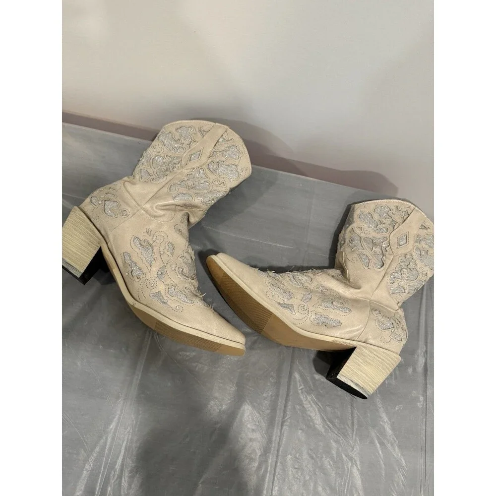 Womens Western Cowboy Boots Beige Silver Glitter Embroidered EU 38 US 7.5 - Picture 6 of 6